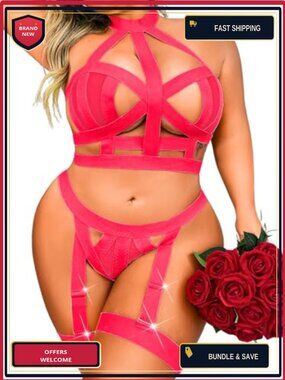 Plus Size Lingerie Set Strappy Garter Thong Halter Bra 3 Piece
